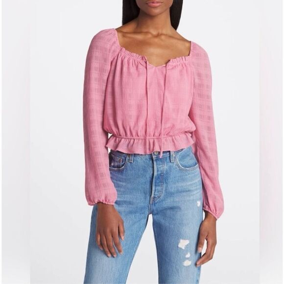 Lush Tops - Lush Women’s XL Cori Ruffled Crop Long Sleeve Blouse Pink Boho